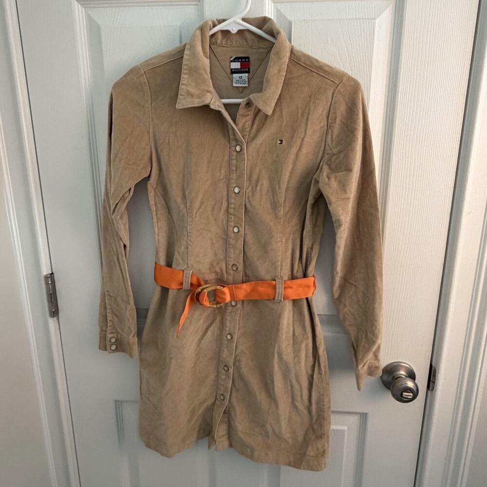 Vintage Tommy Hilfiger Girls Corduroy Dress Size 12 Safari Bamboo Belt Y2k Prep